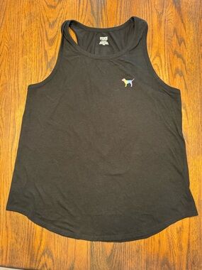 PINK Victoria's Secret Women's Black Racerback Tank Top Rainbow Dog Logo L